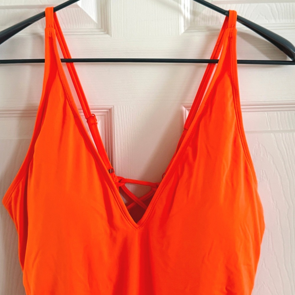 TA3 Hi Cut Plungey One Piece Swimsuit Orange Lace Up Back 3X Regular Long - Picture 2 of 7